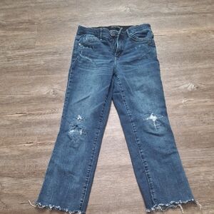 Blue Straight Leg Jeans with Distressed Details